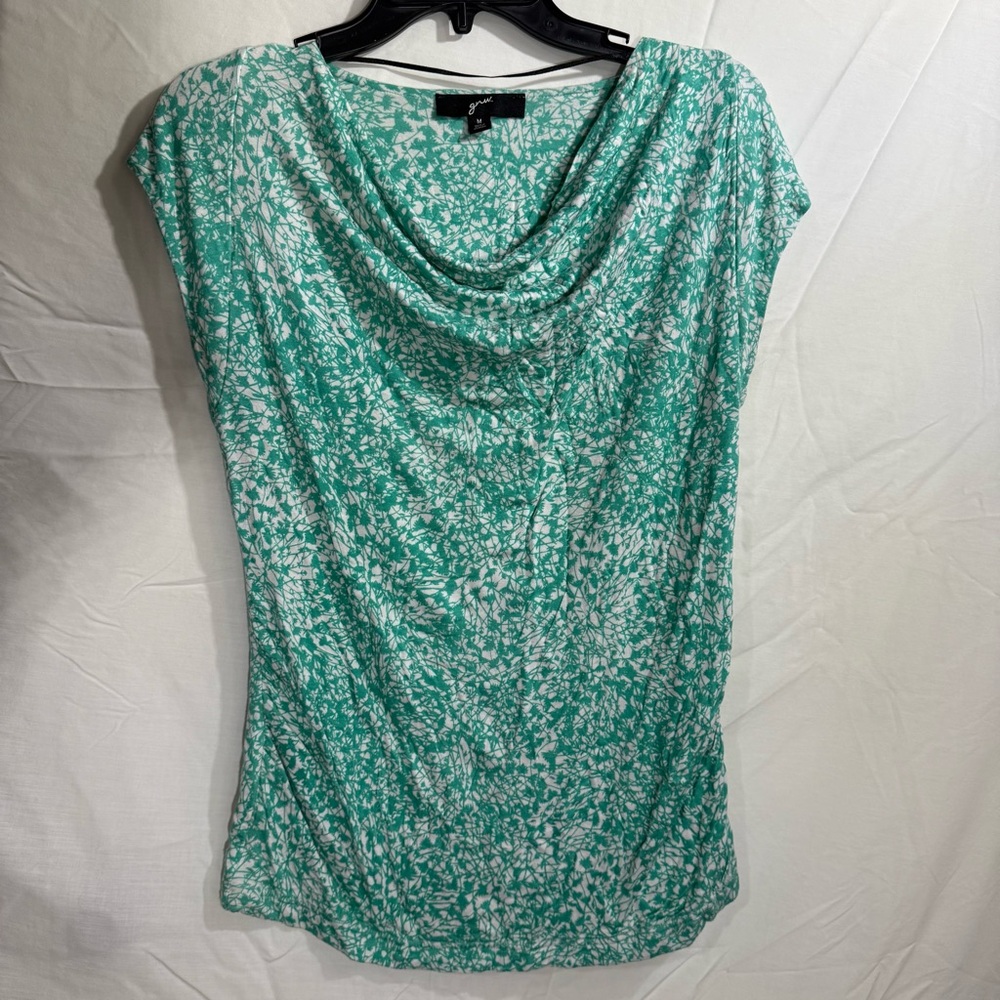 GNW Teal and White Patterned Blouse, Ruched, Size M